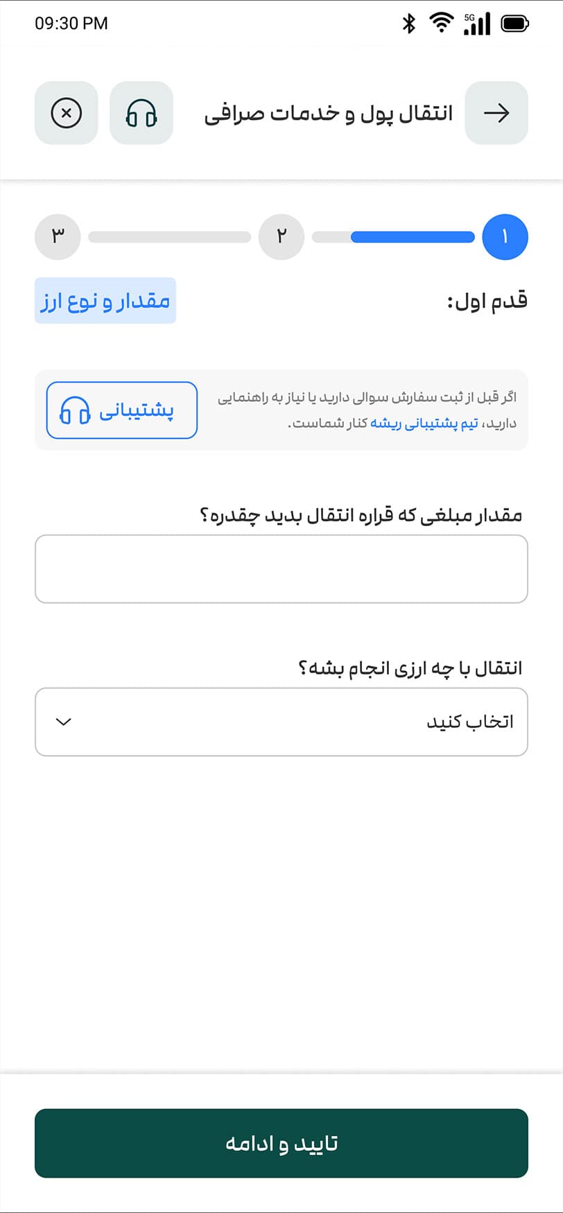 انتخاب ارز و مبلغ